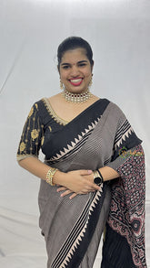 Vriksham Black Striped Print Ajrakh Modal Silk Saree-VS4440